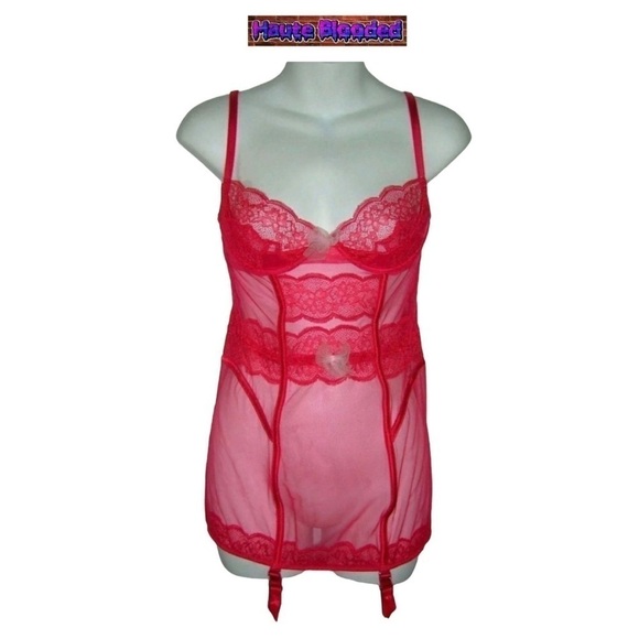 Victorias Secret Red Sheer Lace Bows Garter Cami Sexy Boudoir Pin Up Negligee - Picture 11 of 11